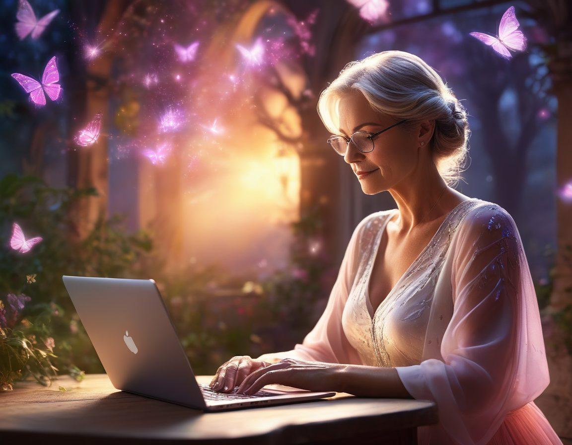 A mature woman confidently typing on a laptop, surrounded by ethereal elements representing fantasy like glowing butterflies and wisps of light, symbolizing intimacy and empowerment. She wears elegant, modern attire, with a warm smile that reflects wisdom and strength. The background is a blend of dreamy colors fading into a serene landscape, emphasizing creativity and transformation. super-realistic. vibrant colors. ethereal lighting.