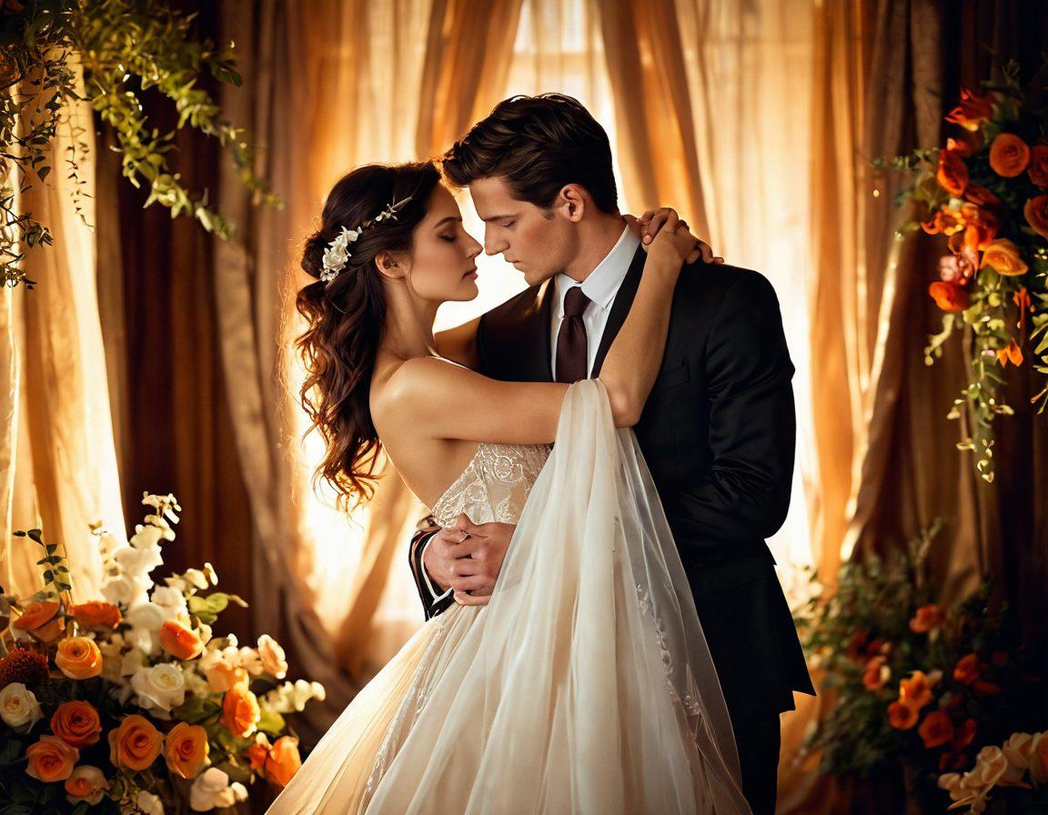 A sultry, enchanting scene featuring a couple intertwined in a romantic embrace, surrounded by soft, ethereal lighting and warm colors. Incorporate elements of nature, like blooming flowers and soft, flowing fabric to convey intimacy and celebration of mature sexuality. Subtle hints of passionate expressions and whispers to evoke a sense of adventure and exploration. The background should be dreamy and blurred, enhancing the focus on the couple. super-realistic. warm color palette. ethereal lighting.