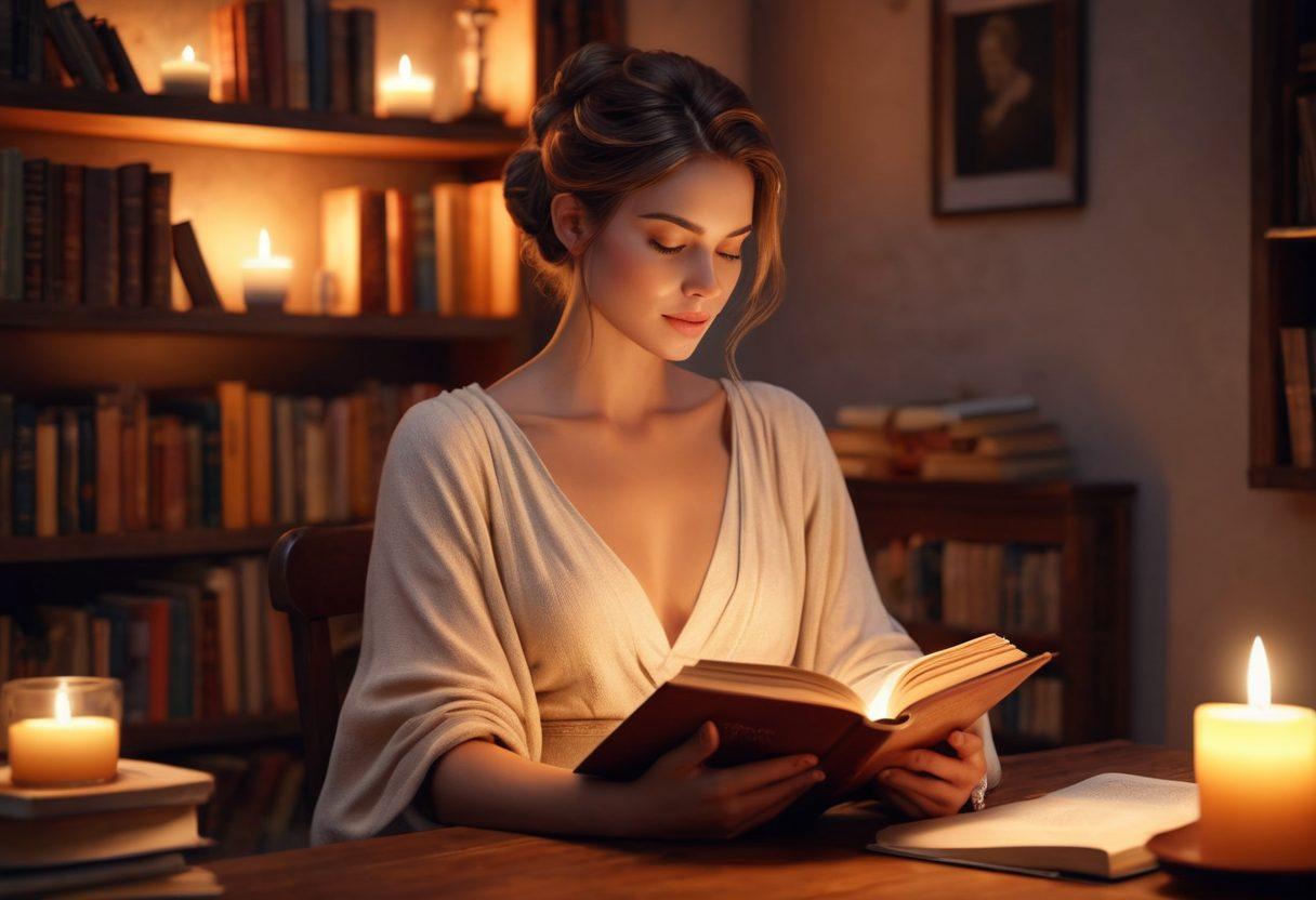 A bold, elegant woman sitting in a cozy, intimate setting, surrounded by open books and soft candlelight, exuding confidence and allure. Illustrate a blend of sensuality and empowerment through her posture and facial expression, with soft, inviting colors and a warm ambiance. Include subtle abstract elements that symbolize liberation and desire, enhancing the atmosphere of storytelling. super-realistic. warm tones. 3D.